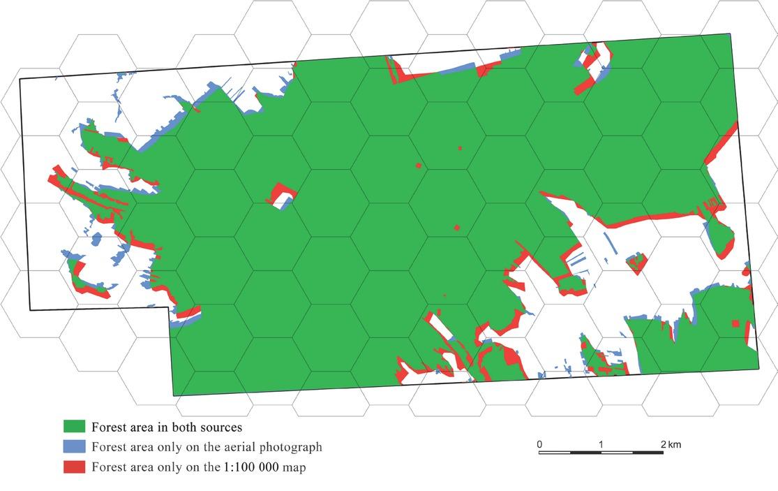 Test polygon A, map of the differences in forest coverage between the aerial photograph and the 1:100 000 GUGIK 80 mapSource: Own work