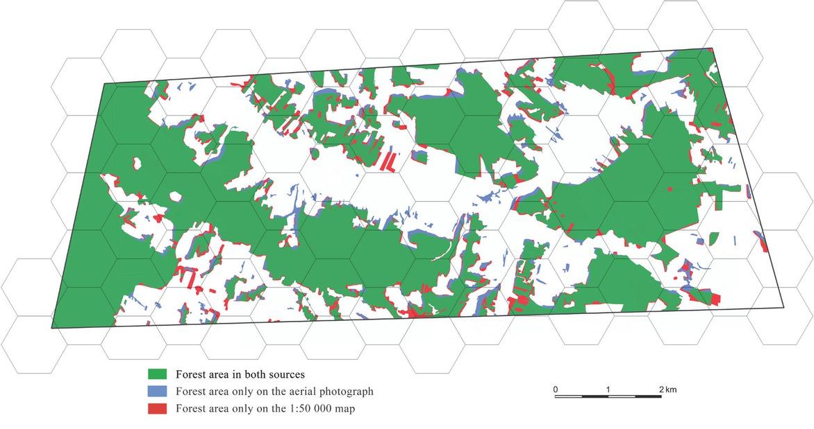Test polygon B, map of the differences in forest coverage between the aerial photograph and the 1:50 000 GUGIK 65 mapSource: Own work