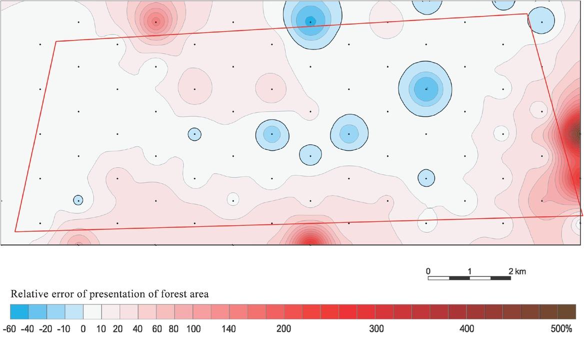 Test polygon B, relative errors for the 1:50 000 GUGIK 65 mapSource: Own work