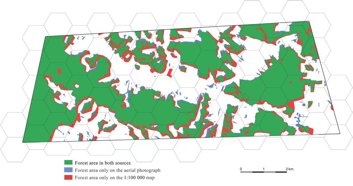 Test polygon B, map of the differences in forest coverage between the aerial photograph and the1:100 000 GUGIK 80 mapSource: Own work