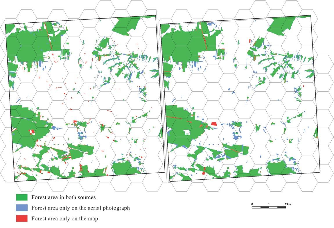 Test polygon C, differences in the forest coverage between the aerial photograph and topographic maps: to the left the 92 1:10 000 map, and to the right the 1:50 000 VMap Level2 mapSource: Own work