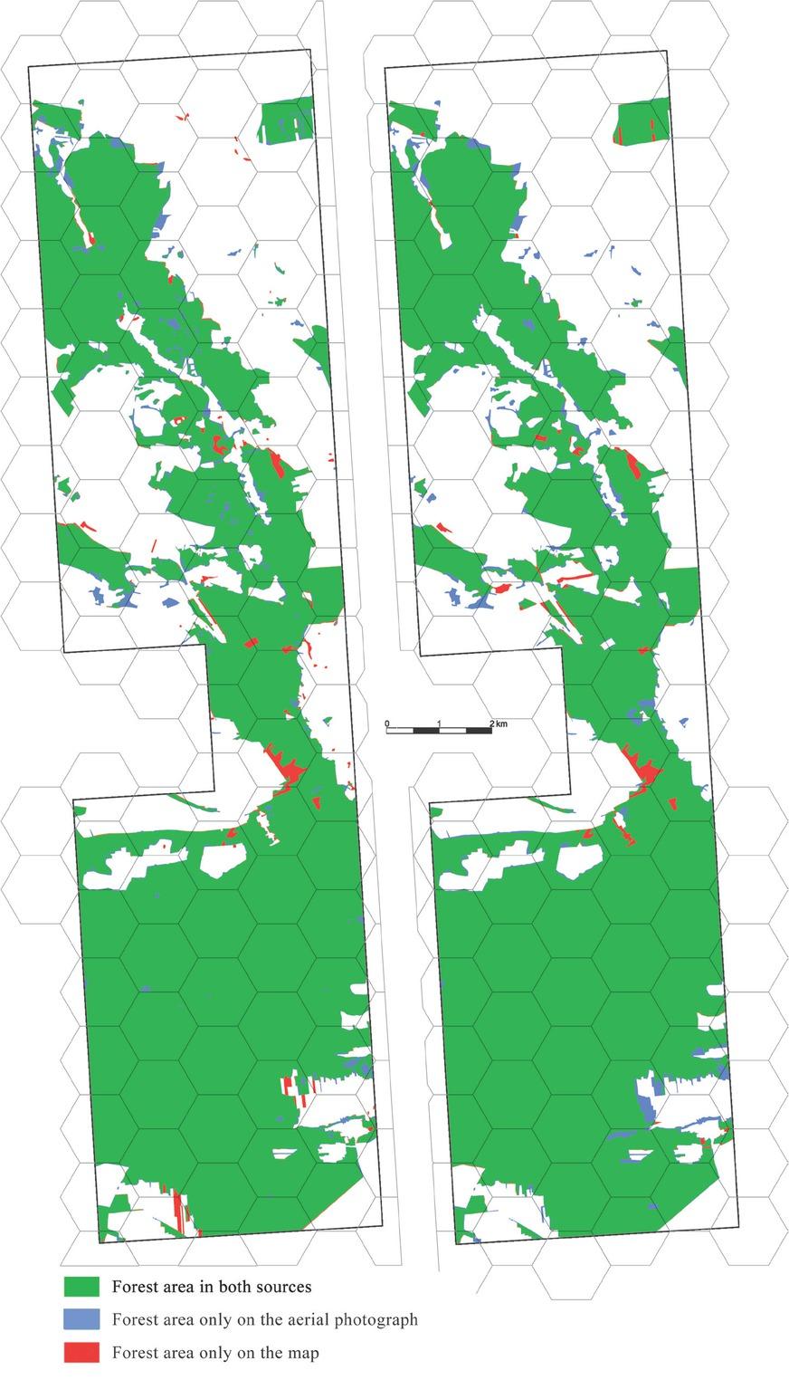 Test polygon D, differences in the forest coverage between the aerial photograph and topographic maps: the 92 1:10 000 map to the left, and the 1:50 000 VMap Level2 map to the rightSource: Own work