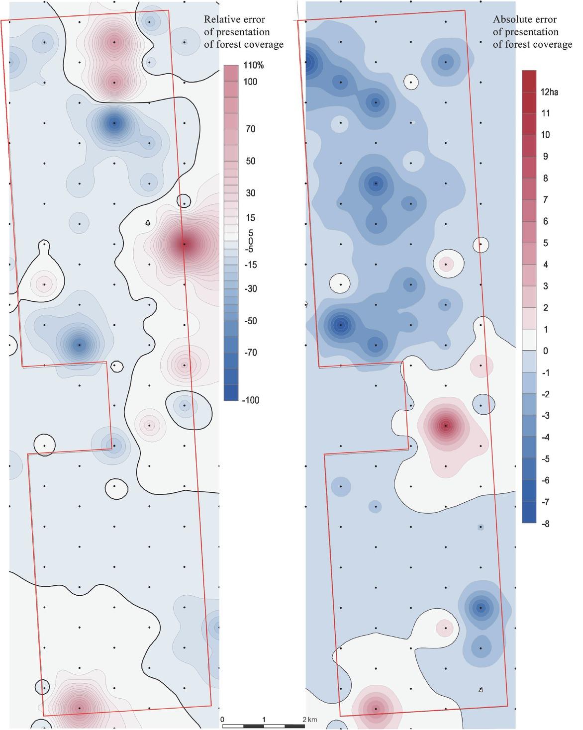 Test polygon D, errors for the 1:10 000 in 92 map system: map of relative errors to the left, map of absolute errors to the rightSource: Own work