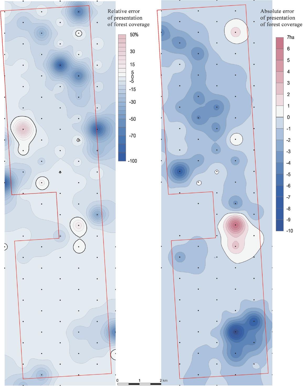 Test polygon D, errors for the VMap L2 1:50 000 map: map of relative errors to the left, map of absolute errors to the rightSource: Own work