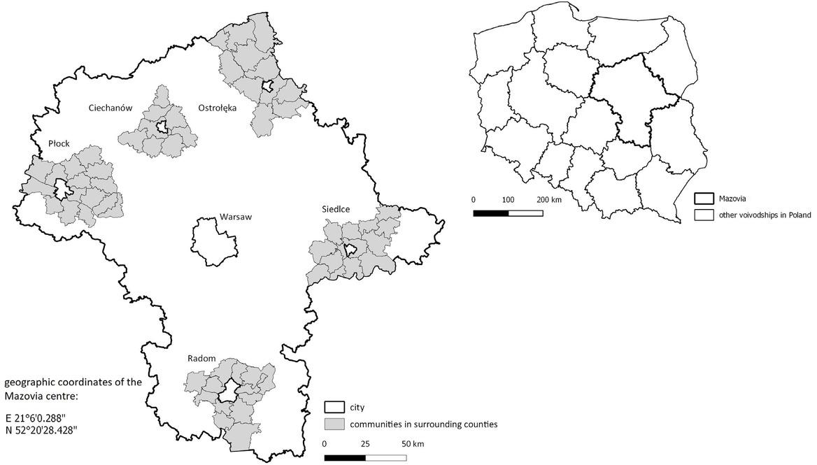 Location of Warsaw and sub-regional and regional cities with their counties (powiaty) in the Mazowieckie voivodship (which the map on the right shows in relation to Poland)Source: own study (illustrative figure not including the full territorial division of the voivodship).