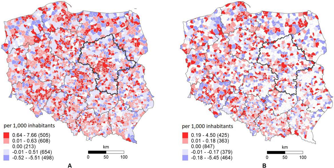 Net migration of companies in municipalities in Poland in 2014–2016A – all companiesB – all companies excluding sole proprietorships (The values in brackets are the number of municipalities.)Source: own study based on data from the Statistical Office in Warsaw.