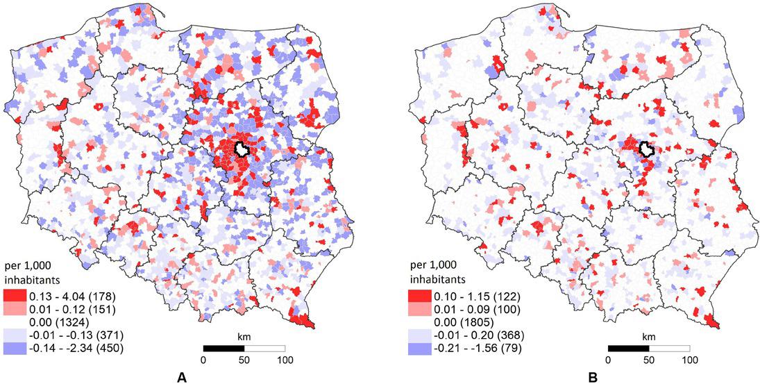 Net migration of companies in relation to Warsaw in 2014–2016A – all companiesB – all companies excluding sole proprietorships (The values in brackets are the number of municipalities.)Source: own study based on data from the Statistical Office in Warsaw.