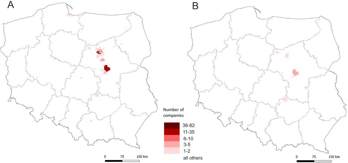 Number of companies that relocated from Ciechanów to other municipalities (outflow)A – all companiesB– all companies excluding sole proprietorshipsSource: own study based on data from the Statistical Office in Warsaw.