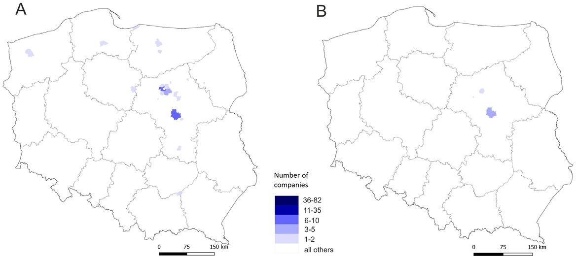 Number of companies that relocated to Ciechanów from other municipalities (inflow)A – all companiesB – all companies excluding sole proprietorshipsSource: own study based on data from the Statistical Office in Warsaw.