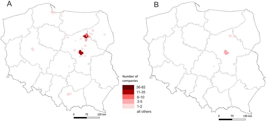 Number of companies that relocated from Ostrołęka to other municipalities (outflow)A – all companiesB – all companies excluding sole proprietorshipsSource: own study based on data from the Statistical Office in Warsaw.