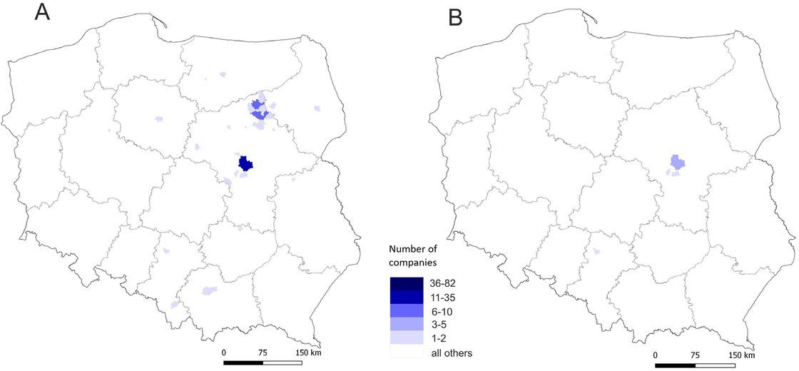 Number of companies that relocated to Ostrołęka from other municipalities (inflow)A – all companiesB – all companies excluding sole proprietorshipsSource: own study based on data from the Statistical Office in Warsaw.