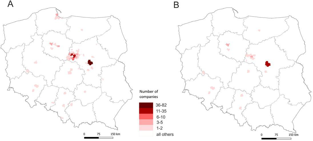Number of companies that relocated from Płock to other municipalities (outflow)A – all companiesB– all companies excluding sole proprietorshipsSource: own study based on data from the Statistical Office in Warsaw.