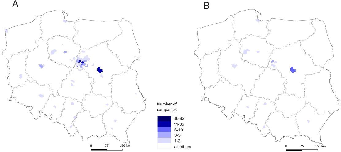 Number of companies that relocated to Płock from other municipalities (inflow)A – all companiesB– all companies excluding sole proprietorshipsSource: own study based on data from the Statistical Office in Warsaw.