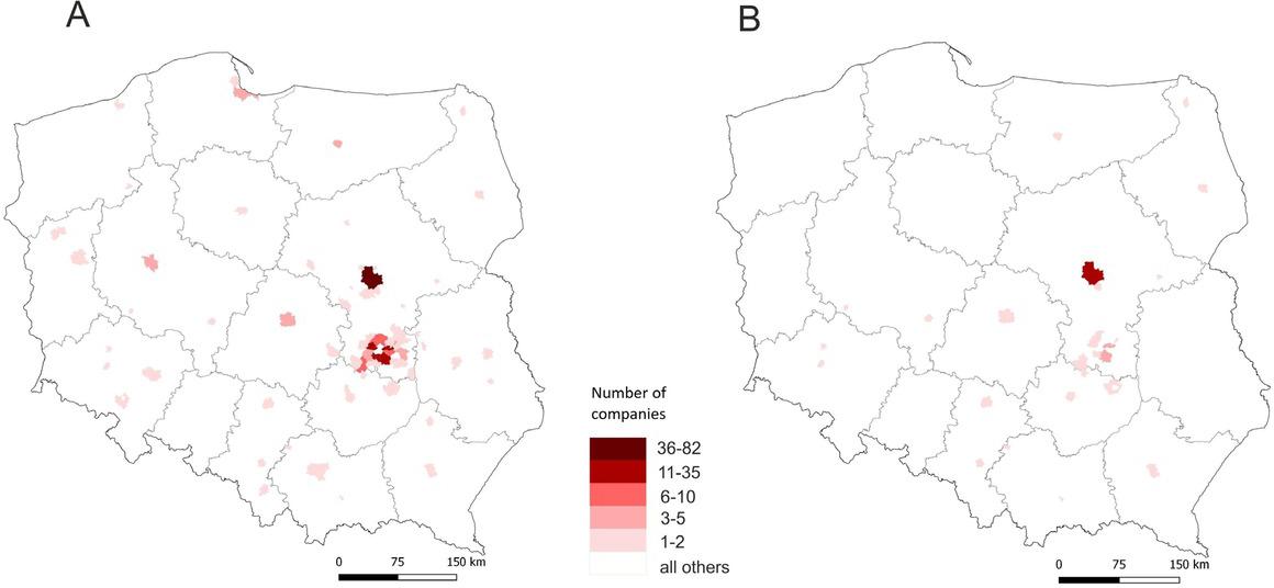 Number of companies that relocated from Radom to other municipalities (outflow)A – all companiesB – all companies excluding sole proprietorshipsSource: own study based on data from the Statistical Office in Warsaw.