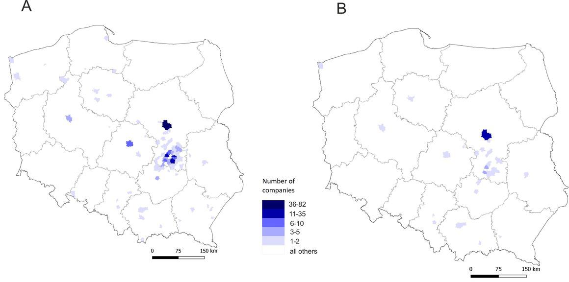 Number of companies that relocated to Radom from other municipalities (inflow)A – all companiesB – all companies excluding sole proprietorshipsSource: own study based on data from the Statistical Office in Warsaw.