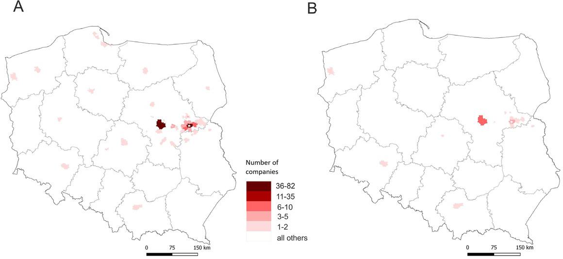 Number of companies that relocated from Siedlce to other municipalities (outflow)A – all companiesB – all companies excluding sole proprietorshipsSource: own study based on data from the Statistical Office in Warsaw.