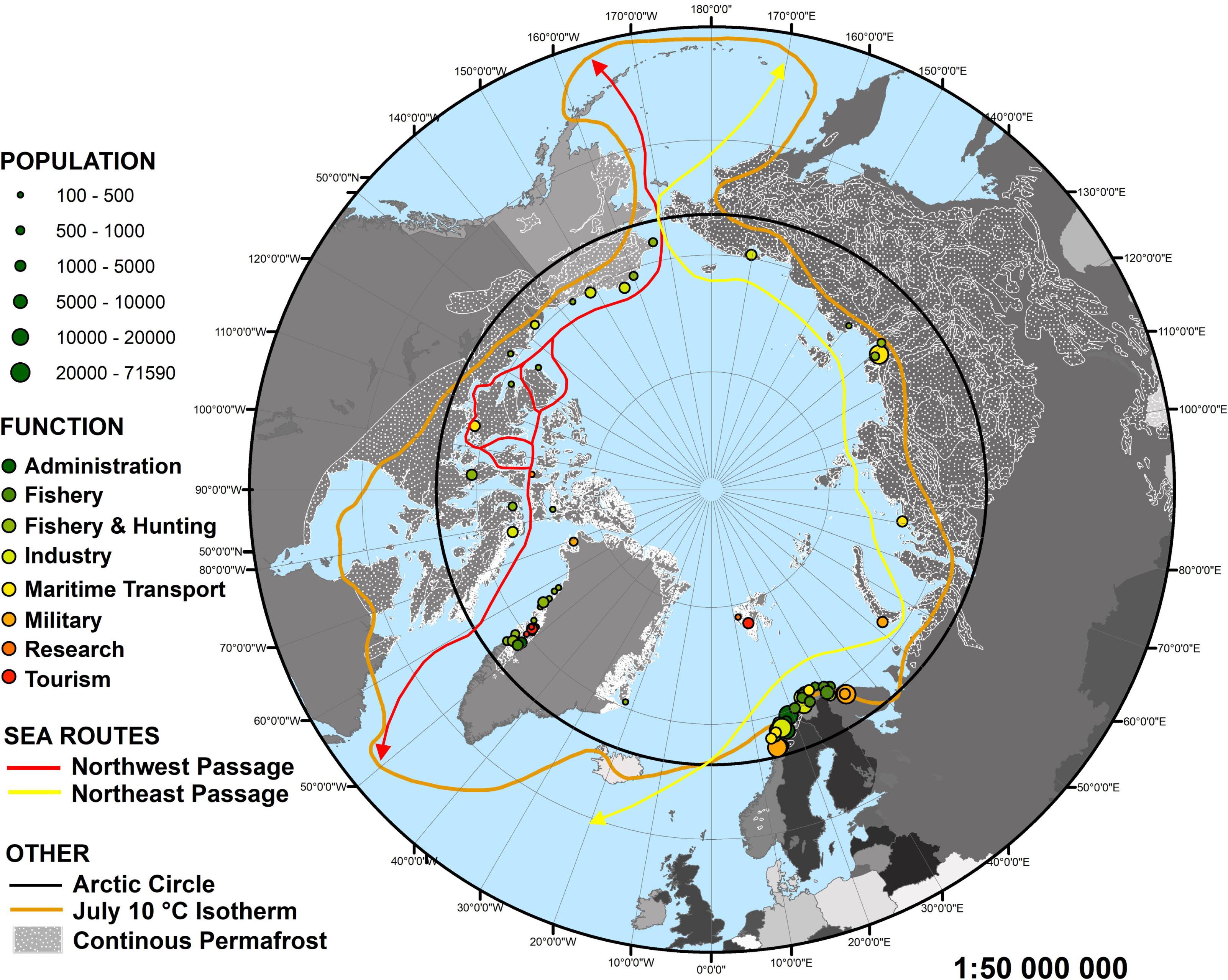 Arctic coastal settlements in geographical contextSources: sea routes are based on Rahman et al. 2014, and thearcticinstitute.org ; boundary shape files are from arcgis.com; the July isotherm is based on Kling 2009; permafrost limitation is based on www.nsidc.org and gtnp.arcticportal.org