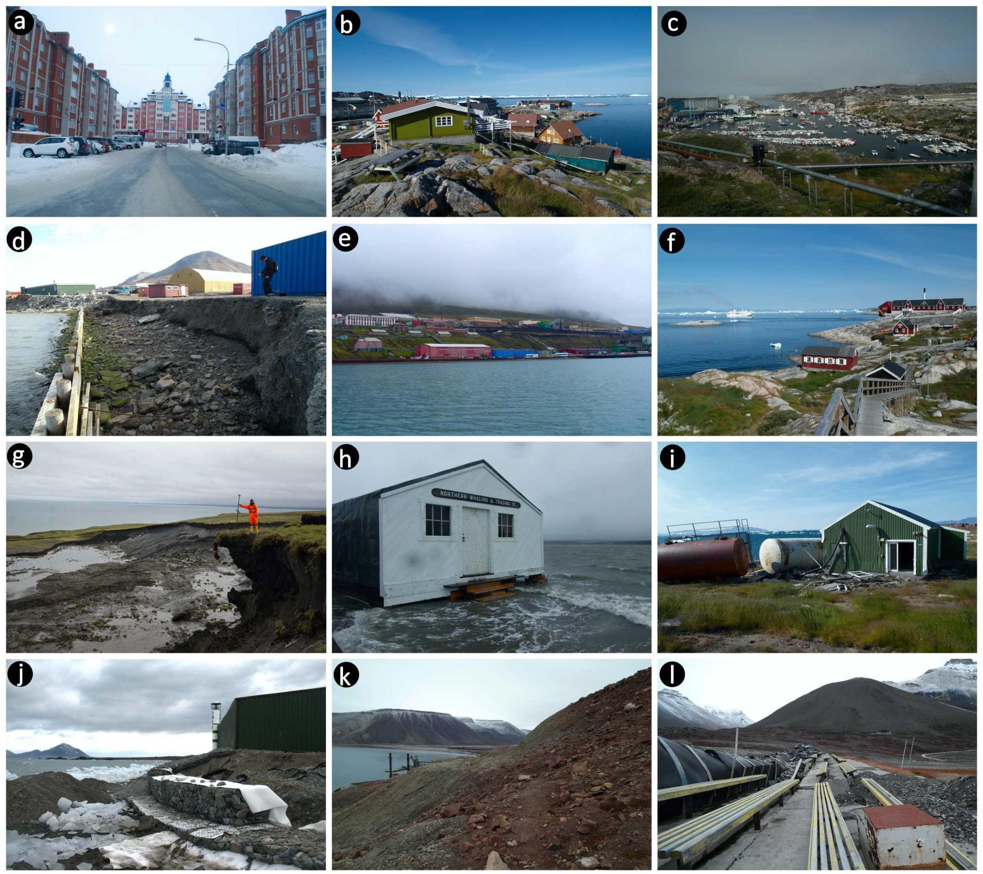 Settlements and their challenges in different parts of the Arctica) Salekhard, Russia: in the future, these multi-storey buildings will be threatened by increasing permafrost thaw; b) Ilulissat, Greenland: a noticeable lack of convenient investment locations; c) Port in Ilulissat, Greenland: visible water and sewage pipes, fish processing plant and warehouses in the distance d) Longyearbyen, Svalbard: erosion threatening the warehouses; e) Barentsburg, Svalbard: a characteristic distribution of Arctic buildings located on the coast; f) Disko Bay, Greenland: visible exhaust emissions from a cruise ship; g) Herschel Island, Canada: the thawing permafrost cliffs are causing coastal retreat; h) Qikiqtaruk Territorial Park, Canada: historic buildings flooded by the sea are UNESCO candidates; i) Nuugaatsiaq, Greenland: buildings destroyed by tsunami waves; j) Polish Polar Station Hornsund, Svalbard: erosion threatening the station infrastructure forces annual renovation of coastal protection elements; k) Pyramiden, Svalbard: a landslide cut off the road; l) Pyramiden, Svalbard: thawing permafrost caused the collapse of the shooting range and the stands;Source: photos (a–g, i–k) taken by Marek Jaskólski; photo (h) taken by Team Shrub, University of Edinburgh
