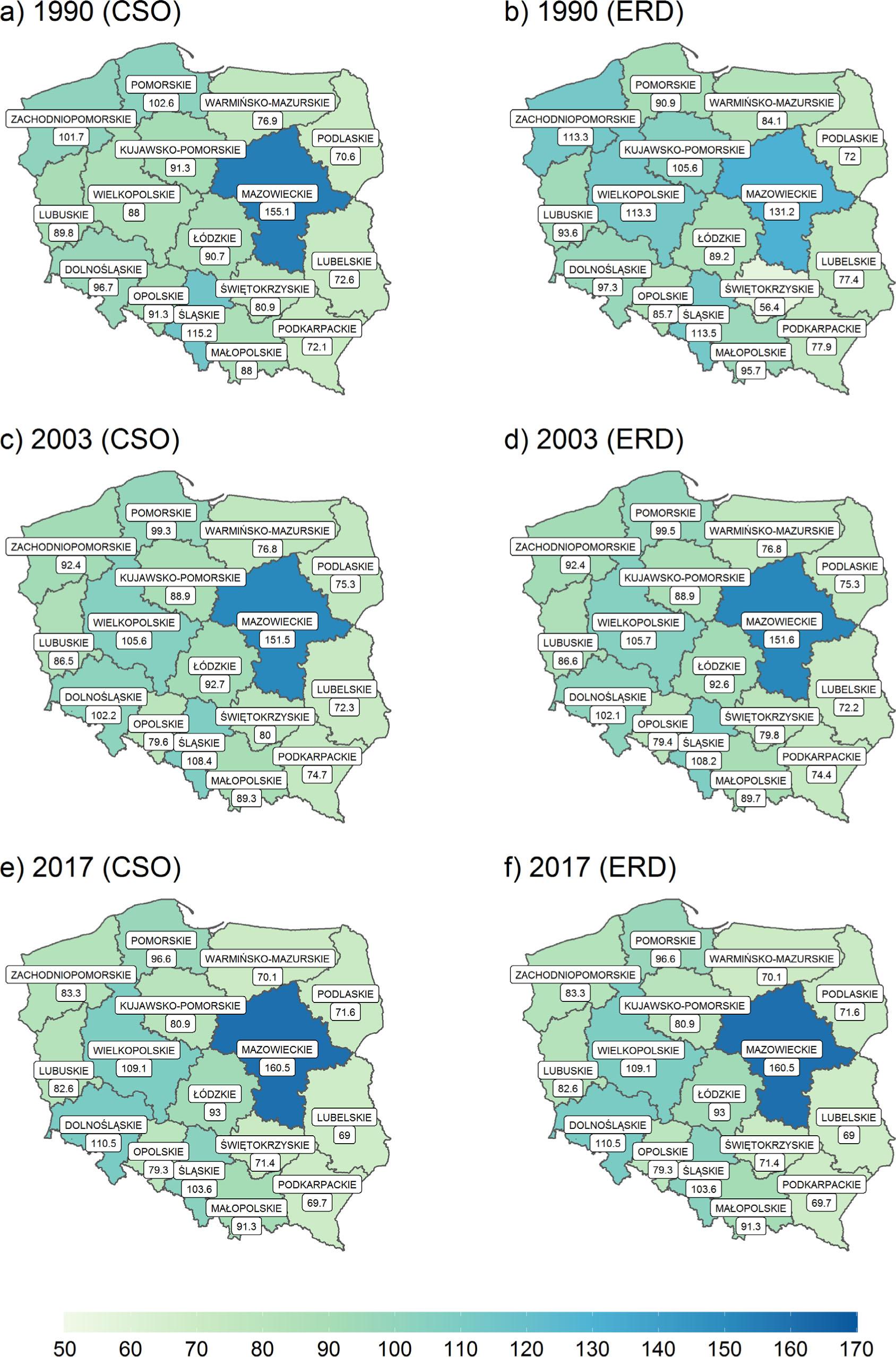 Maps of relative GDP per capita in 1990, 2003 and 2017Source: own calculations based on data from CSO and ERD