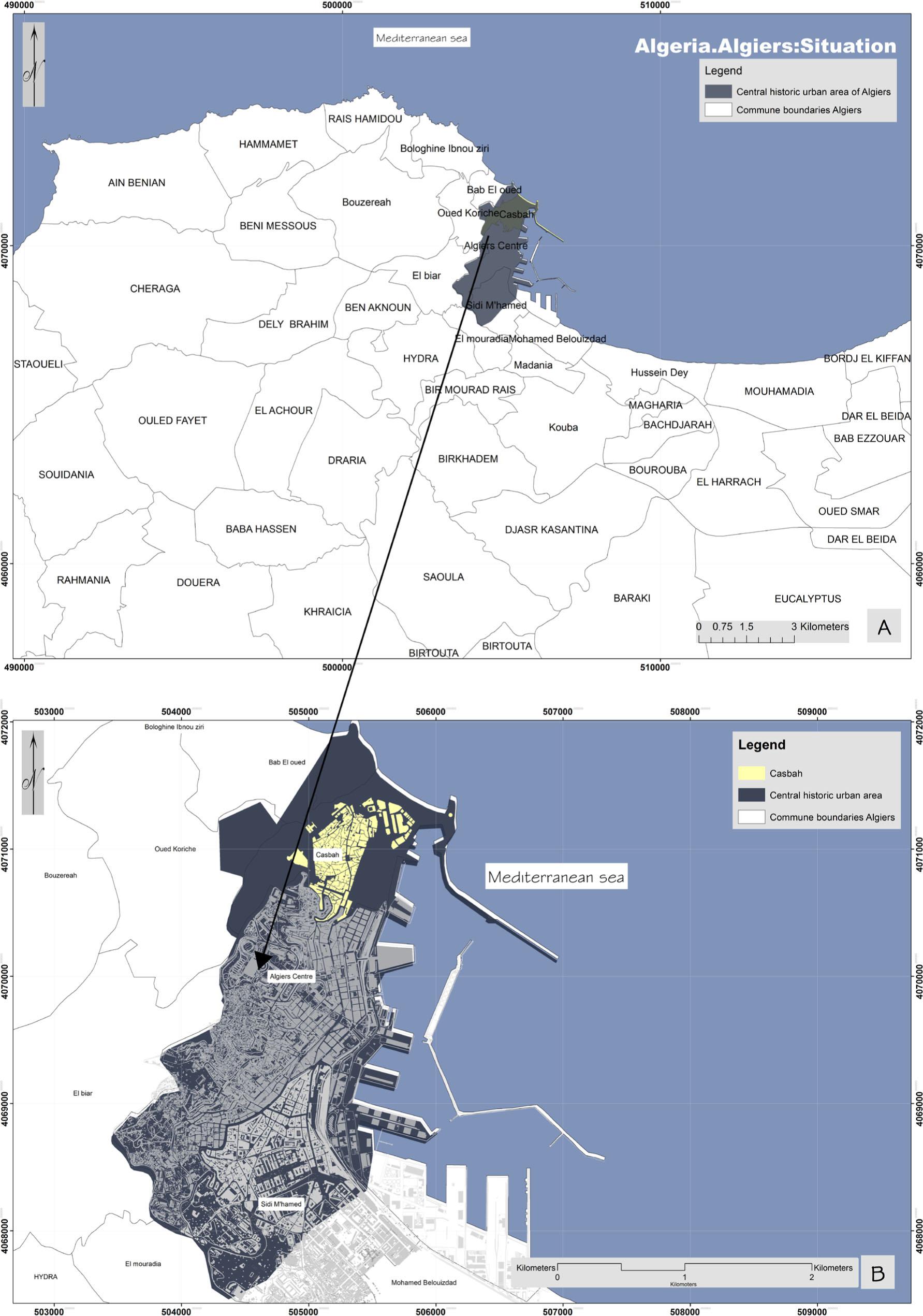 Map of the location of the central, historic urban area of Algiers.Source: own study