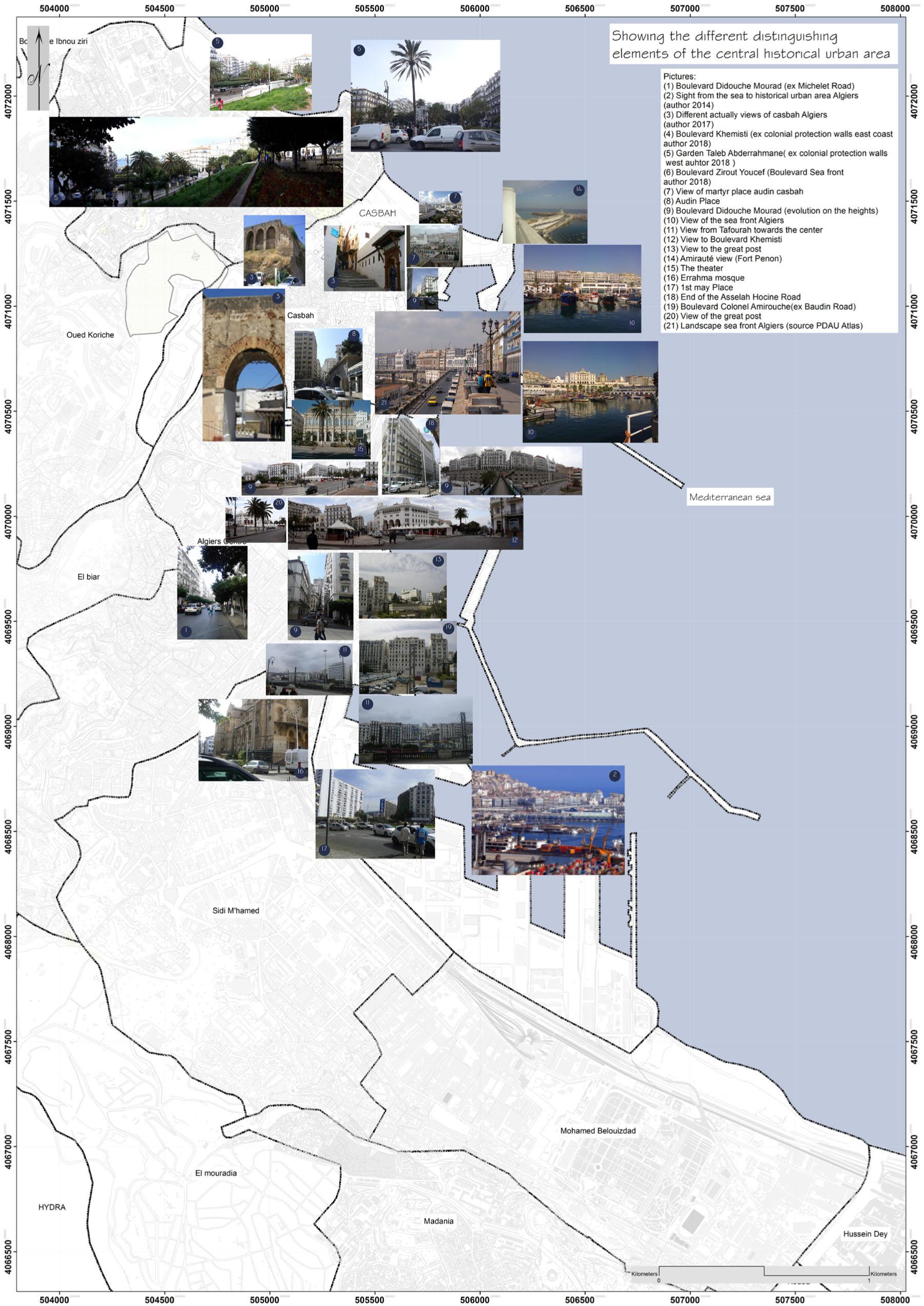 Map of distinguishing elements of the central historic urban area of Algiers.Source: own study