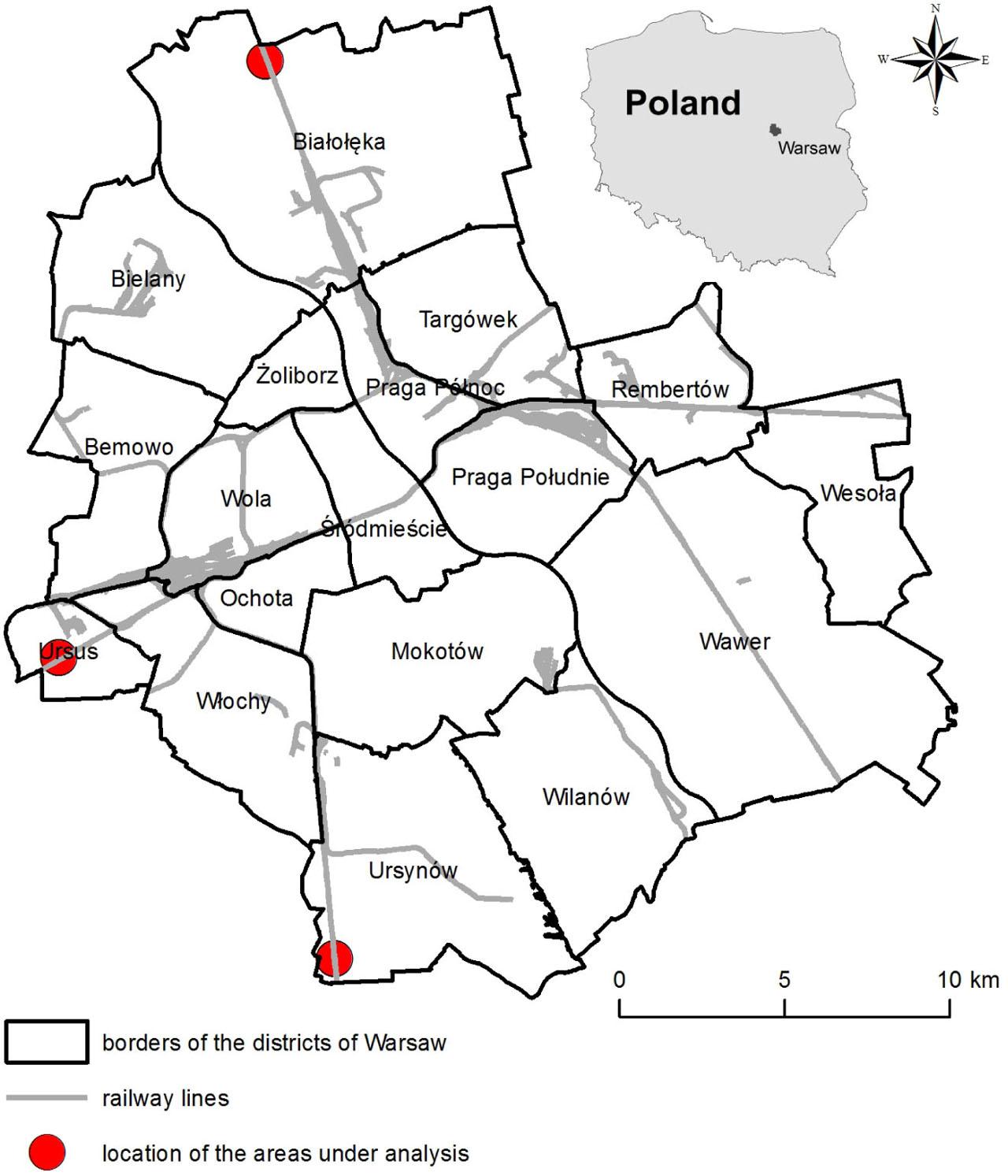 Location of the analysed areas, Warsaw, PolandSource: own elaboration