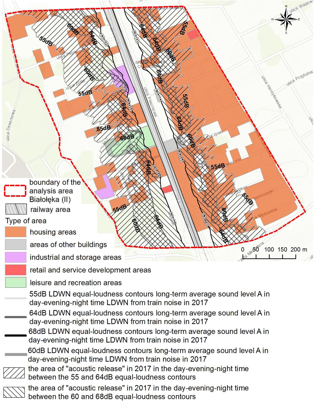 The area of “acoustic release” when changing the permissible sound levels in the day-evening-night time in the area under analysis, Area II (Białołęka)Source: own elaboration