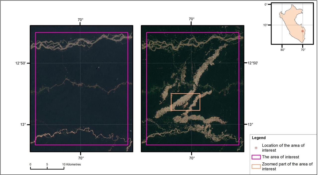 The appearance of the mine site revealed on satellite images. Left: 30 August 2001 (Landsat 7 imagery); right: 24 July 2017 (Sentinel-2 imagery)Source: Own elaboration