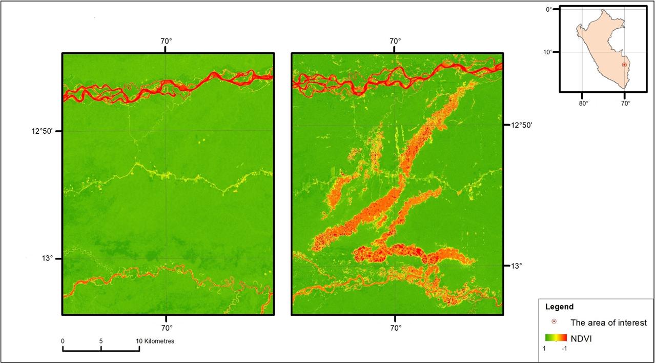 Vegetation loss visible through the NDVI ratio. Left: 30 August 2001 (Landsat 7 imagery); right: 24 July 2017 (Sentinel-2 imagery)Source: Own elaboration