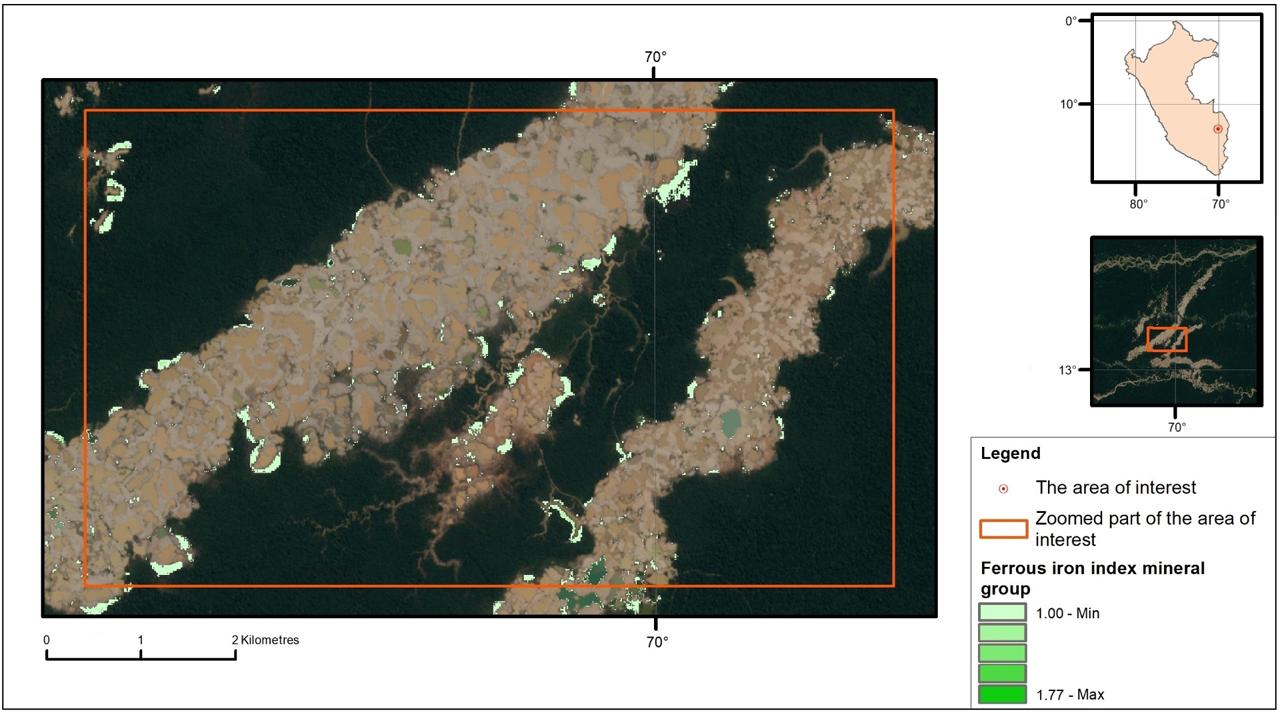 Zoomed part of the area of interest with ferrous iron index mineral group (ferrous iron – coarse-grained ferric iron – moist soils – fire ashes) highlightedSource: Own elaboration