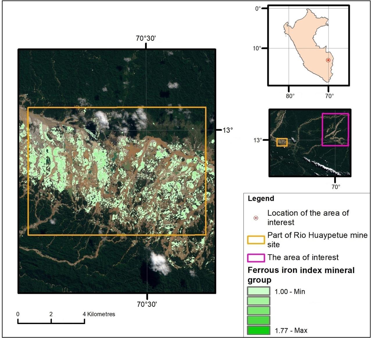 Zoomed part of the Rio Huaypetue mine site with ferrous iron index mineral group (ferrous iron – coarse-grained ferric iron – moist soils – fire ashes) highlightedSource: Own elaboration