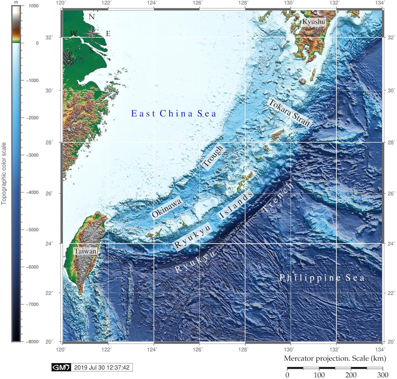 Bathymetric map of the East China Sea, northern Philippine Sea, Ryukyu Arc and Ryukyu Trench. Bathymetry: GEBCO global terrain model, mapped using GMTSource: author