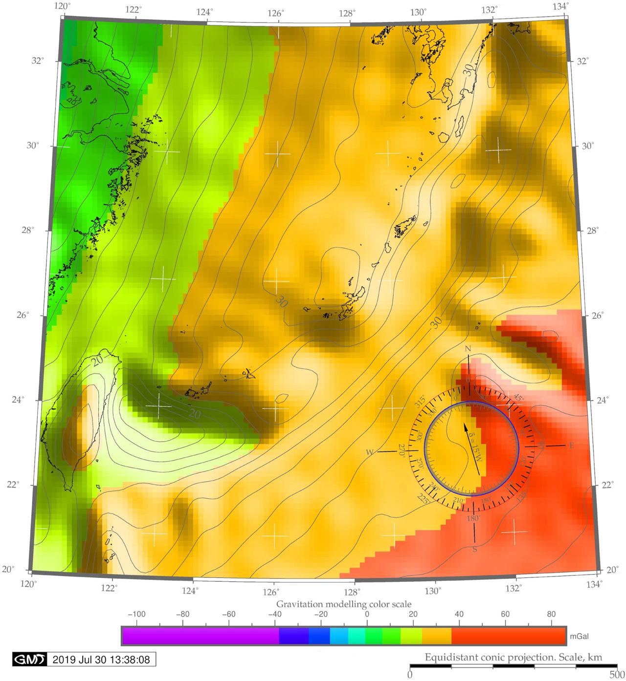 Model of the geoid in the Ryukyu Trench area. Raster data: Earth Gravitational Model EGM96, mapped by GMTSource: author