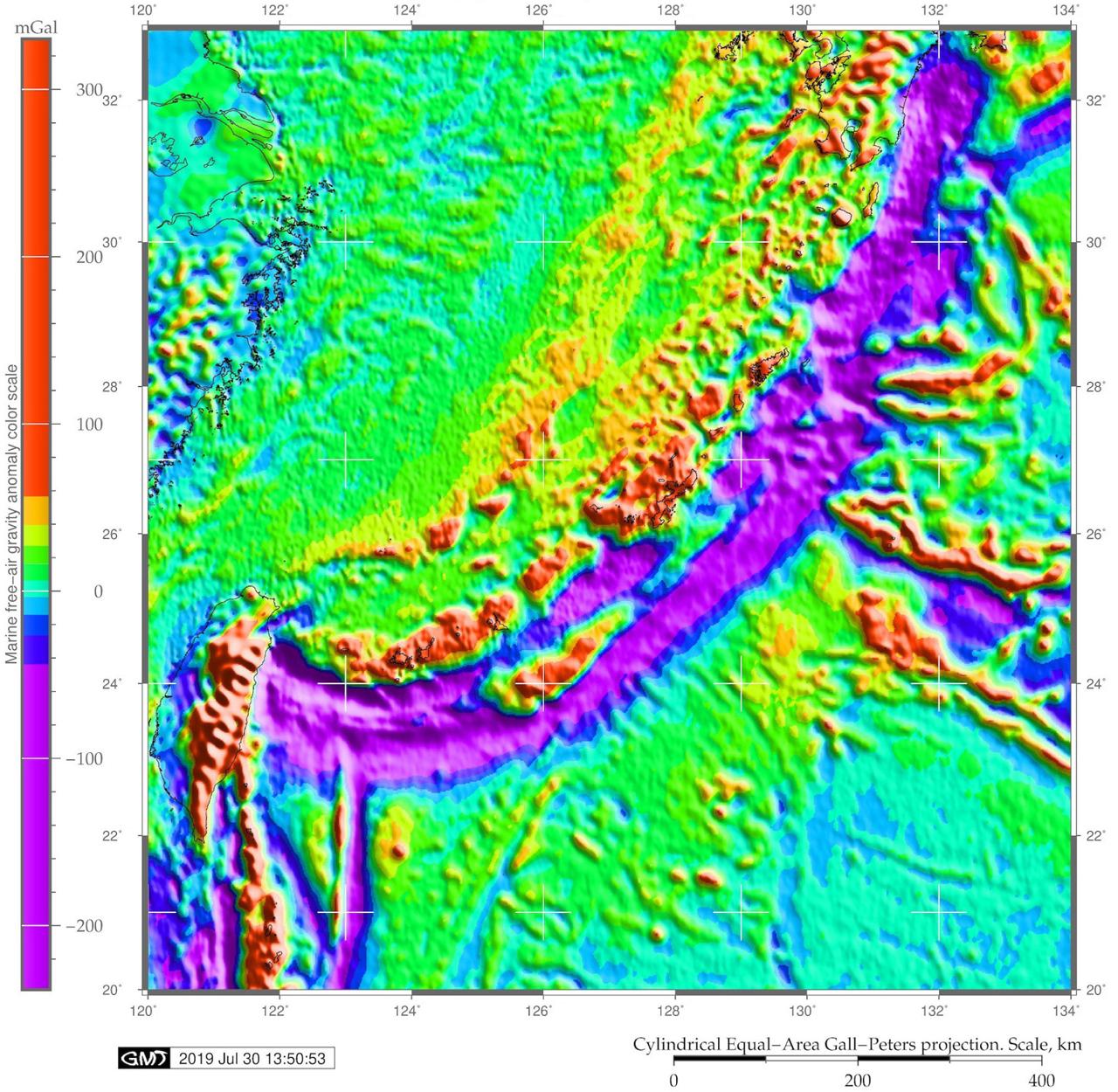 Model of the marine free-air gravity anomaly showing gravitational settings in the Ryukyu trench-arc area. Data: gravity grid, visualized by GMTSource: author