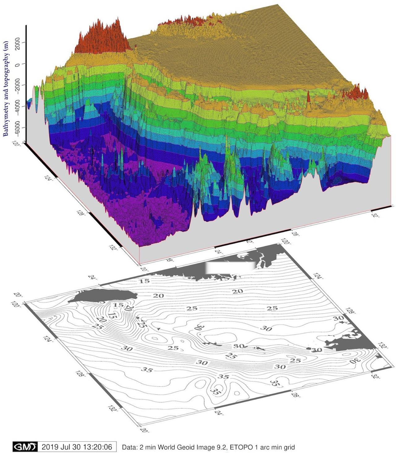 Composite overlay of the 3D topographic mesh model on the 2D geoid contour plot for topographic modelling of the Ryukyu trench-arc areaSource: author