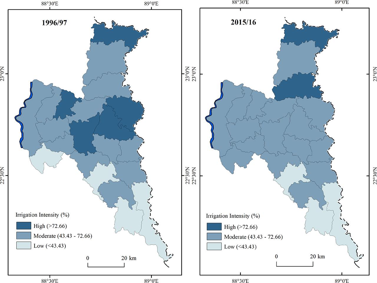 Irrigation intensity zones in North Twenty Four Parganas district (1996/97 and 2015/16)Source: authors’ maps based on data obtained from the Office of the Deputy Directorate of Agriculture (Admn.), GoWB, Barasat, North Twenty Four Parganas District, West Bengal, India