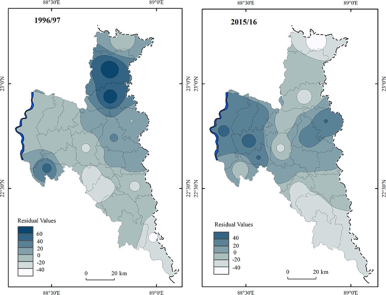 Relationship between irrigation intensity and cropping intensity in North Twenty Four Parganas district (1996/97 and 2015/16)Source: authors’ maps based on data obtained from the Office of the Deputy Directorate of Agriculture (Admn.), GoWB, Barasat, North Twenty Four Parganas District, West Bengal, India