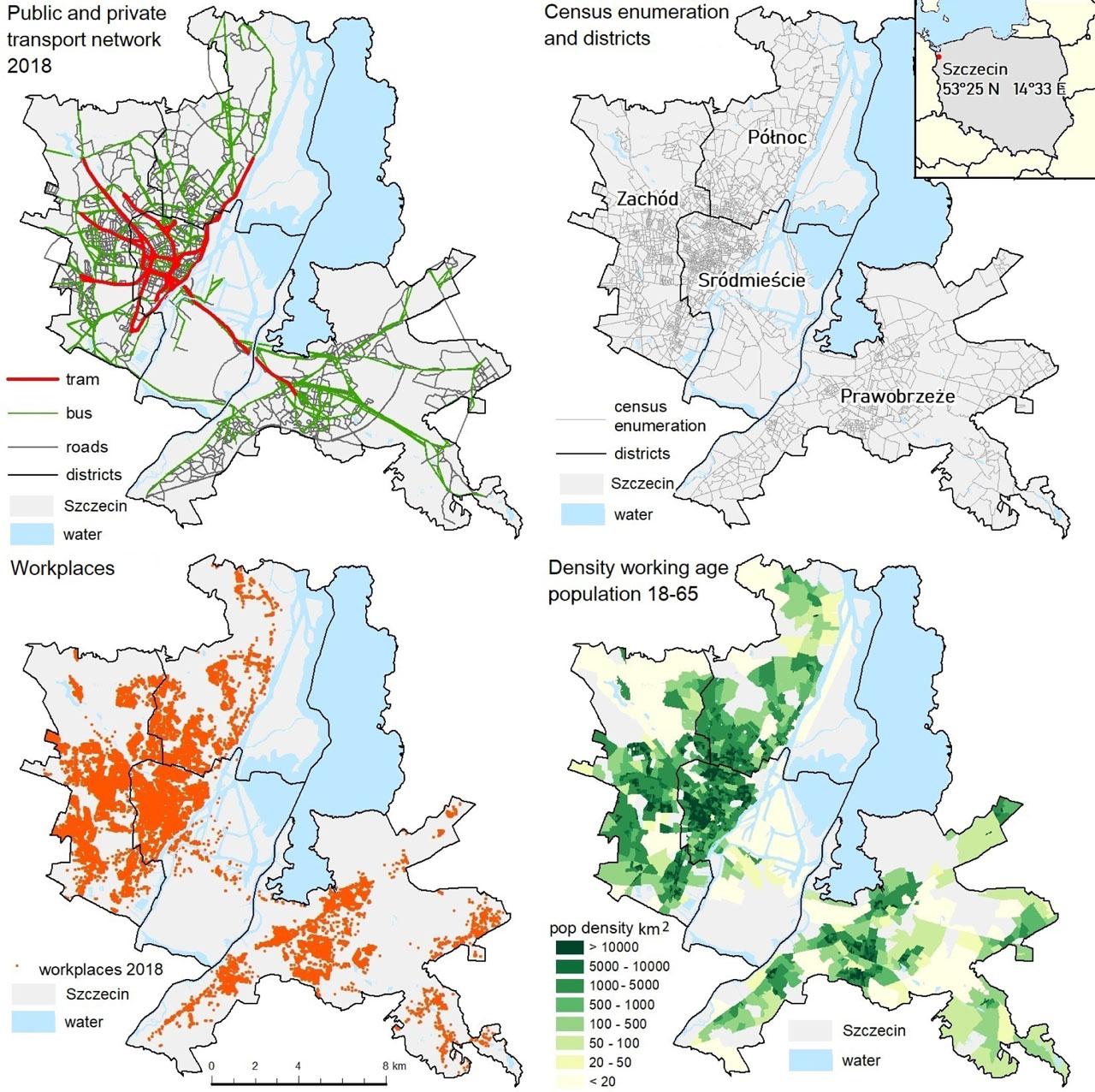 Spatial distribution by: PuT (public transport routes) and PrT (private car routes), census enumeration and districts, work-places 2018 and working-age population (18–60 for women and 18–65 for men)Source: elaboration – own study based on GTFS and City Hall data