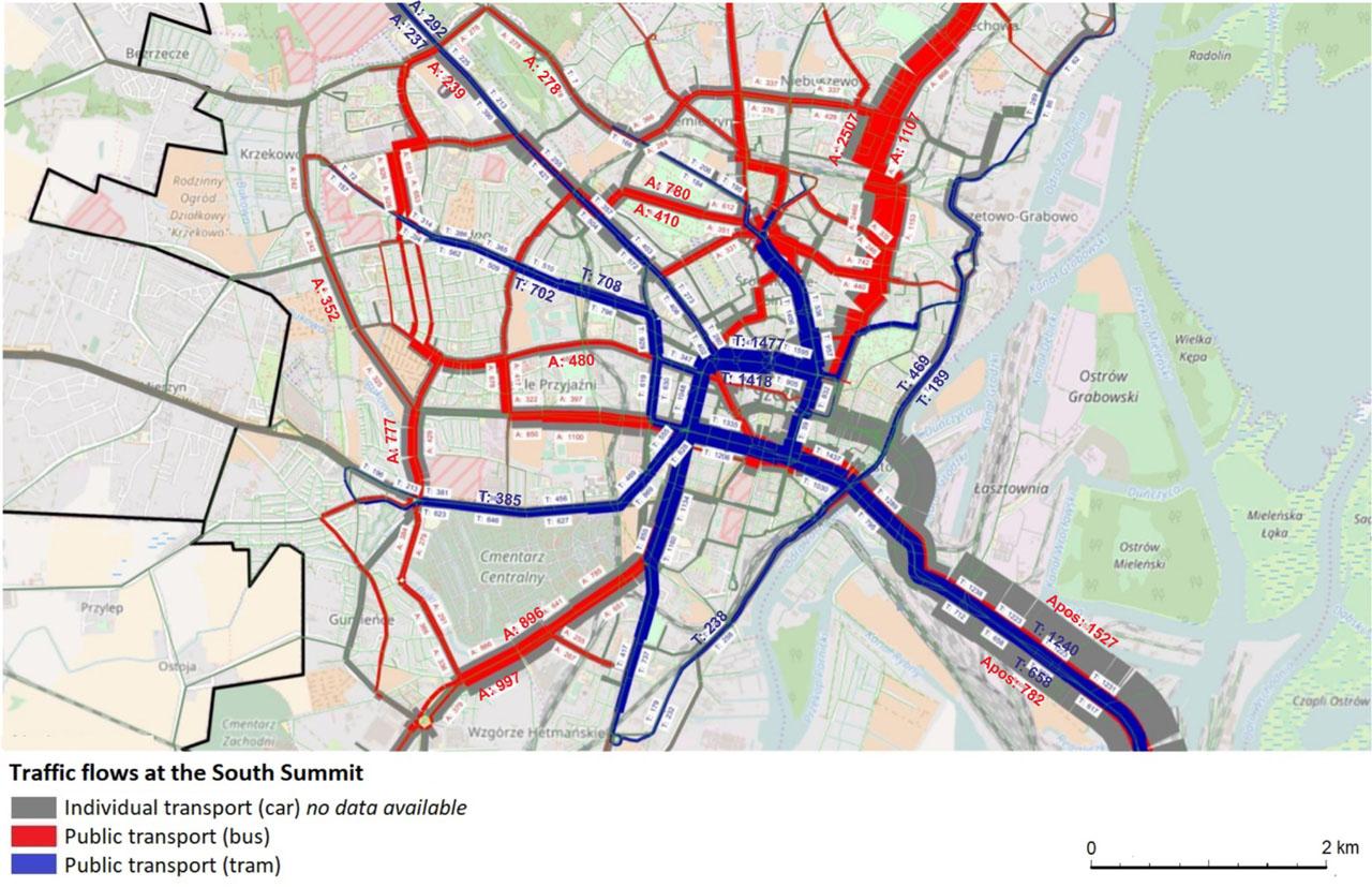 Load of public and individual communication networks at the South Summit in the afternoon – model 2016Source: Comprehensive Traffic Research in Szczecin 2016