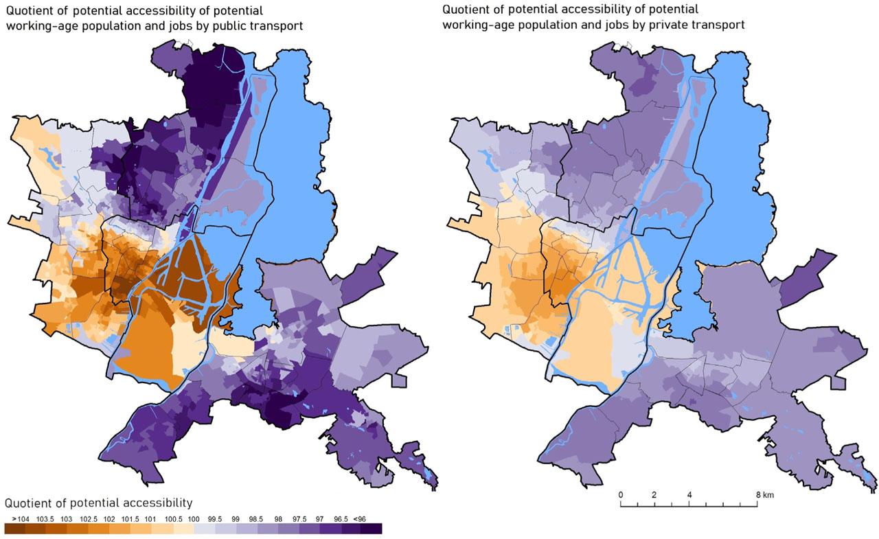 The quotient of the working-age population potential and jobs by public and private transportSource: own elaboration