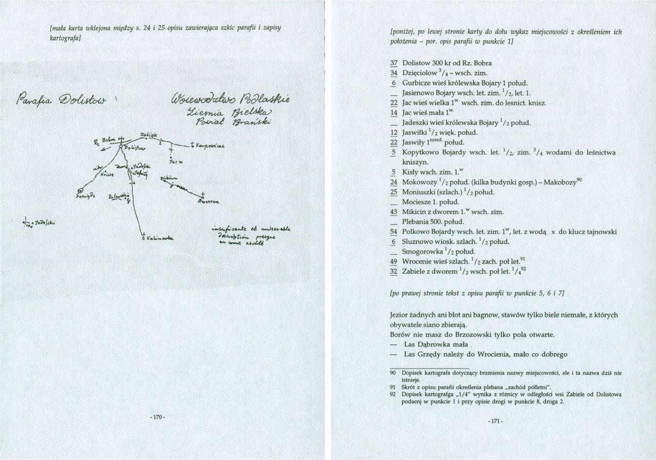 Hand-drawn copy of the Dolistowo parish sketch and a fragment of settlement listSource: Wernerowa 1996
