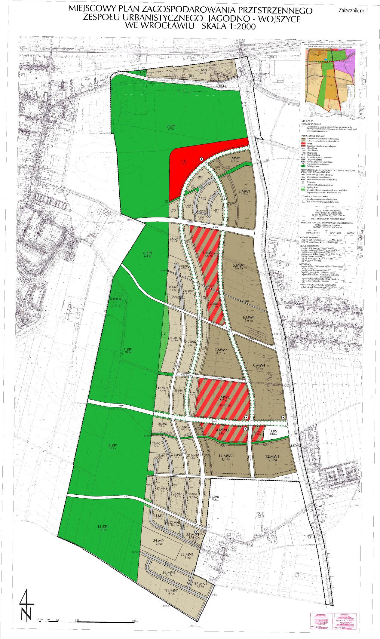 MPZP Jagodno Wojszyce, Wrocław (4,000 dwellings and supplementary facilities in 96.2 ha of former agricultural/greenfield area, land-use plan approved in 2009, 20% built by the end of 2020)LEGEND: OZNACZENIA OGÓLNE – GENERAL MARKINGS, Granice obszaru objętego planem tożsame z granicą strefy ochrony konserwatorskiej zabytków archeologicznych – Boundaries of plan area identical with boundaries of conservation protection zone for archeological heritage, Linie rozgraniczające tereny – Boundaries of areas, PRZEZNACZENIE TERENÓW – LAND USE, Zabudowa mieszkaniowa wielorodzinna – Multifamily housing, Zabudowa mieszkaniowa jednorodzinna – Single-family housing, Usługi – Service facilities, Zabudowa mieszkaniowo-usługowa – Residential and service buildings, Ulica główna – Principal street, Ulica lokalna – Local street, Ulica dojazdowa – Access street, Komunikacja piesza i rowerowa – Walking and cycling communication, Droga wewnętrzna – Inner street, Komunikacja piesza wewnętrzna – Inner walking communication, Pętla transportu publicznego – Public transport terminal, Zieleń parkowa – Parks, GŁÓWNE ELEMENTY DOTYCZĄCY KSZTAŁTOWANIA ZABUDOWY I ZAGOSPODAROWANIA TERENÓW – MAIN ELEMENTS CONCERNING DEVELOPMENTS, Nieprzekraczalne linie zabudowy – Building restriction lines, Obowiązujące linie zabudowy – Mandatory building lines, Miejsce zmiany rodzaju linii zabudowy – Point of building line kind change, Dominanty – Dominant elements, Obszary podwyższonej zabudowy – Areas of higher-rise buildings, Szpalery drzew – lines of trees, Granice wydzieleń wewnętrznych wraz z symbolem – Boundaries of inner separate areas and its symbols, Proponowany podział na działki budowlane – Proposed building plot subdivision, - USTALENIA KONSERWATORSKIE - CONSERVATION REGULATIONS, Zabytkowe stanowiska archeologiczne – Historic archeological sites, Ślad osadniczy z późnego średniowiecza – Late medieval settlement trace.