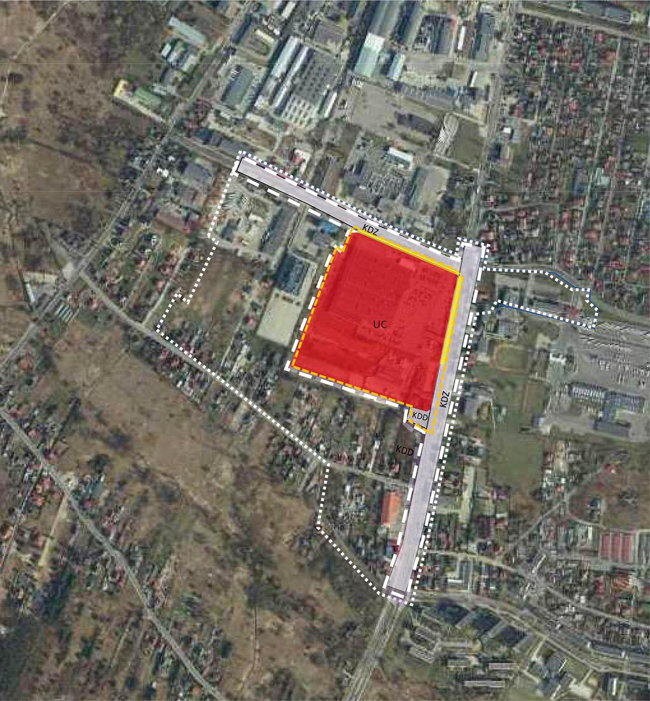 Layout of Wierzbicka case, Radom” (shopping centre of about 6 ha built-up area in 9 ha of older shopping mall, landuse plan approved in 2019, nothing yet built by the end of 2020). Yellow stands for the land that the developer will deliver for the necessary reconstruction of adjacent roads (long dotted white lines)Source: own elaboration on the satelite photo of geoportal.gov.pl