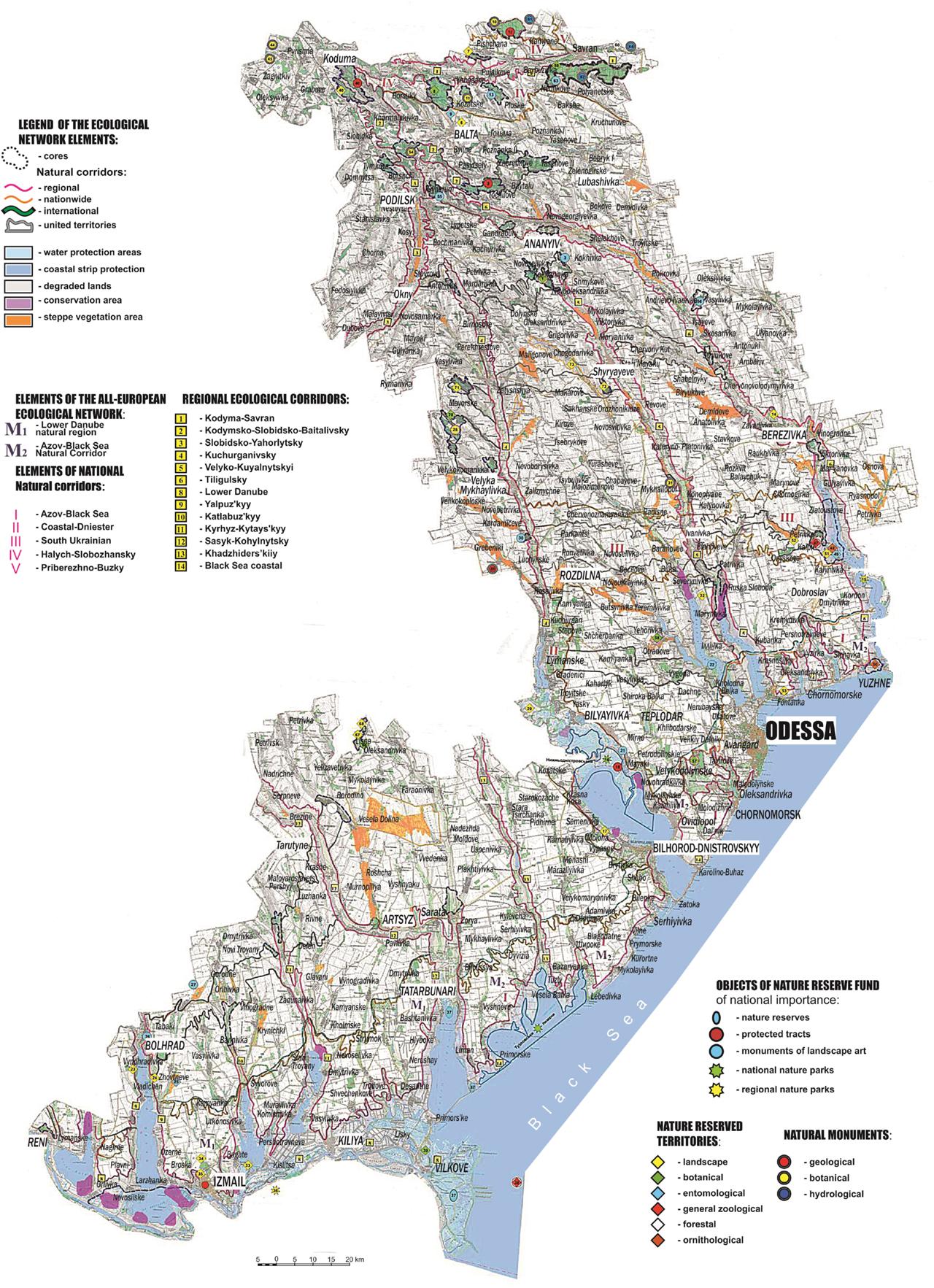 Layout of structural elements of the ecological network of the Odessa regionSource: own elaboration