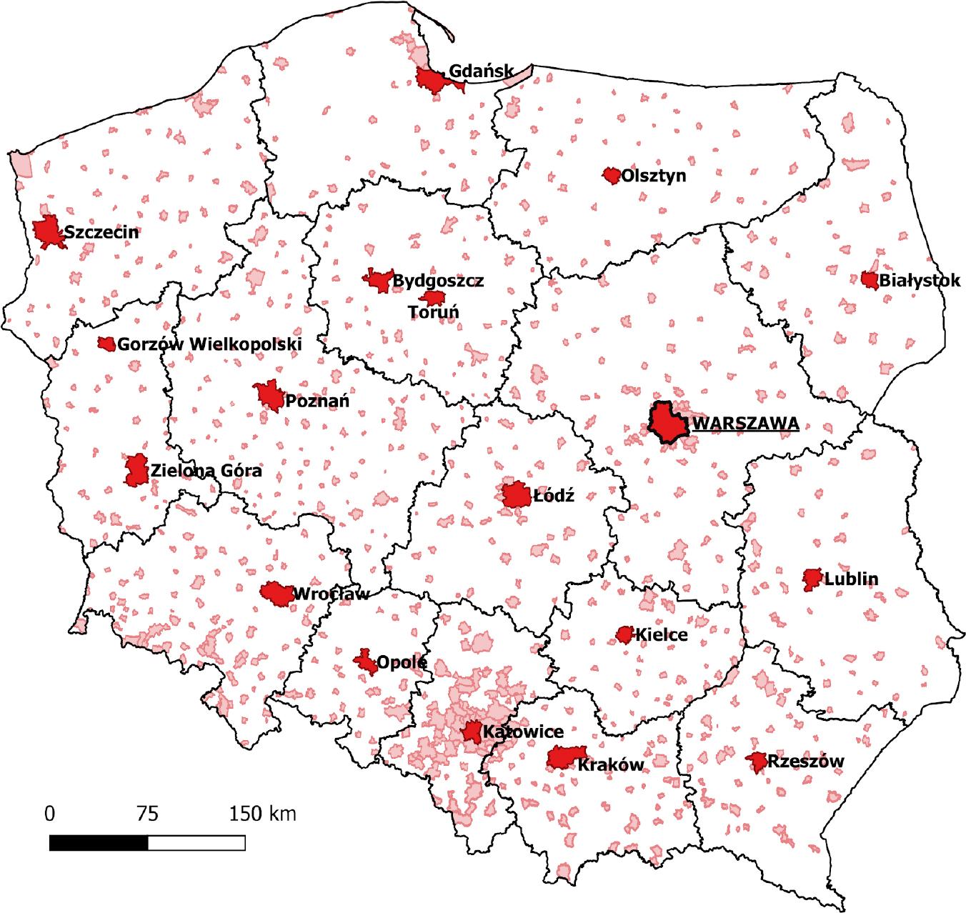 Spatial scope of the survey – cities and towns in Poland Explanation: names of the cities are used to describe the provincial capitals
Source: own elaboration