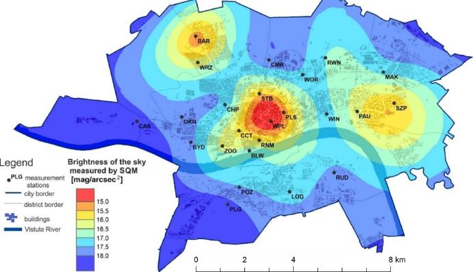Distribution of the surface brightness of the night sky in Toruń in the period 2017–2018 measured using an SQM-L hand-held photometer, with the locations of repeated measurements marked
Source: own elaboration