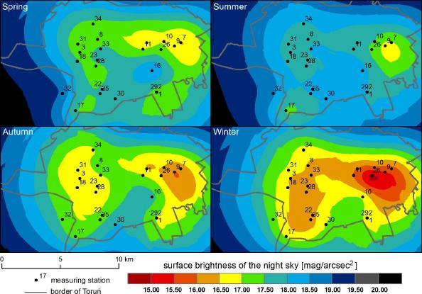Spatial distribution of the mean value of surface brightness of the night sky in Toruń by astronomical seasons
Source: own elaboration
