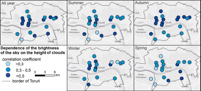 Spatial distribution of the correlation between the cloud base height and the measured surface brightness of the night sky in Toruń
Source: own elaboration