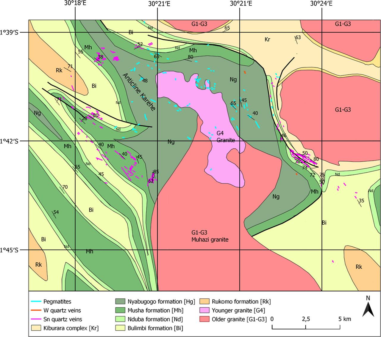 Geological setting of Bugarura and Kuluti with cassiterite Sn mineralization age (numbers on the map). Modified after Hanon & Rusanganwa (1991)