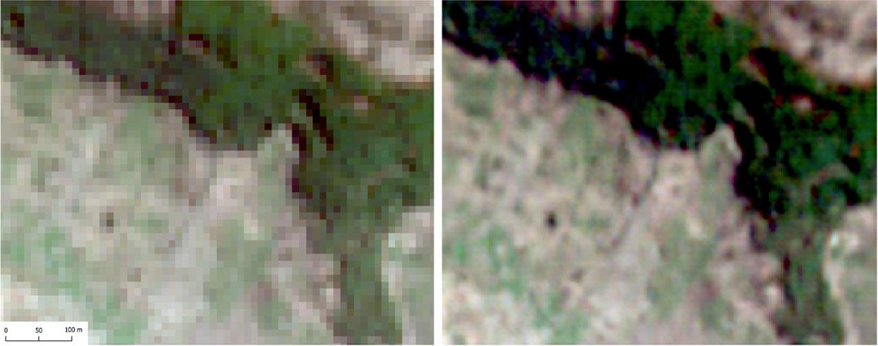 Comparison of image quality for Sentinel-2 original data (left) and enhanced data (right)Source: own elaboration